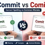 Split-screen educational image showing “Commit” as the correct spelling with a clean writing interface and green check mark, and “Comit” as a misspelling highlighted with a red error indicator, illustrating correct vs incorrect usage.