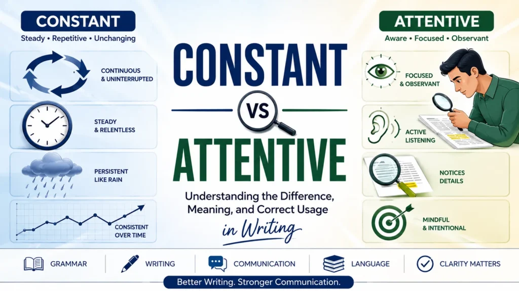Split-screen educational graphic comparing Constant vs Attentive, showing constant as repetition and continuity on the left and attentive as focus and awareness on the right, designed for grammar learning.