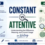 Split-screen educational graphic comparing Constant vs Attentive, showing constant as repetition and continuity on the left and attentive as focus and awareness on the right, designed for grammar learning.