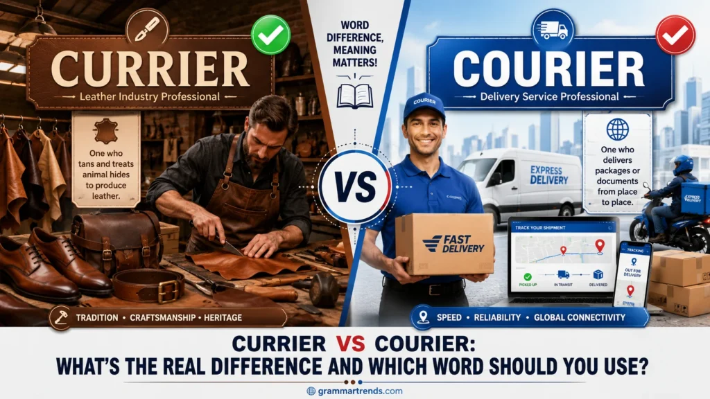 Split-screen illustration comparing “Currier,” a leather craftsman working in a workshop, and “Courier,” a delivery person handling packages, showing the difference between the two commonly confused words.