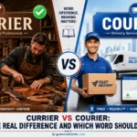 Split-screen illustration comparing “Currier,” a leather craftsman working in a workshop, and “Courier,” a delivery person handling packages, showing the difference between the two commonly confused words.