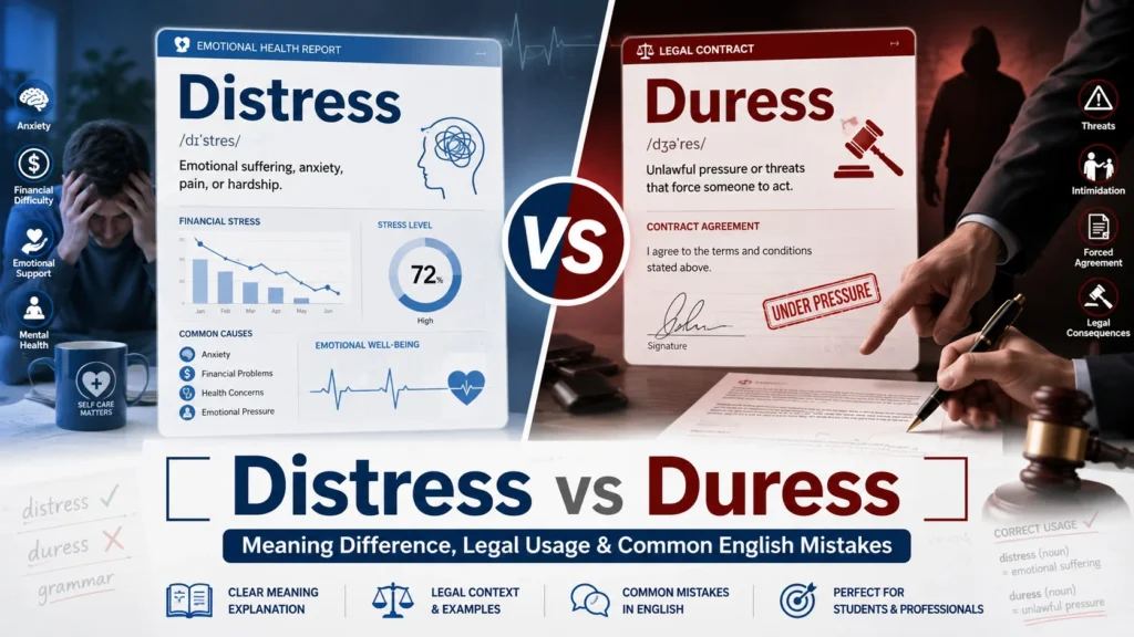 Split-screen comparison showing “Distress” as emotional suffering and “Duress” as legal coercion or forced action, explaining their correct English usage.