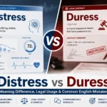 Split-screen comparison showing “Distress” as emotional suffering and “Duress” as legal coercion or forced action, explaining their correct English usage.