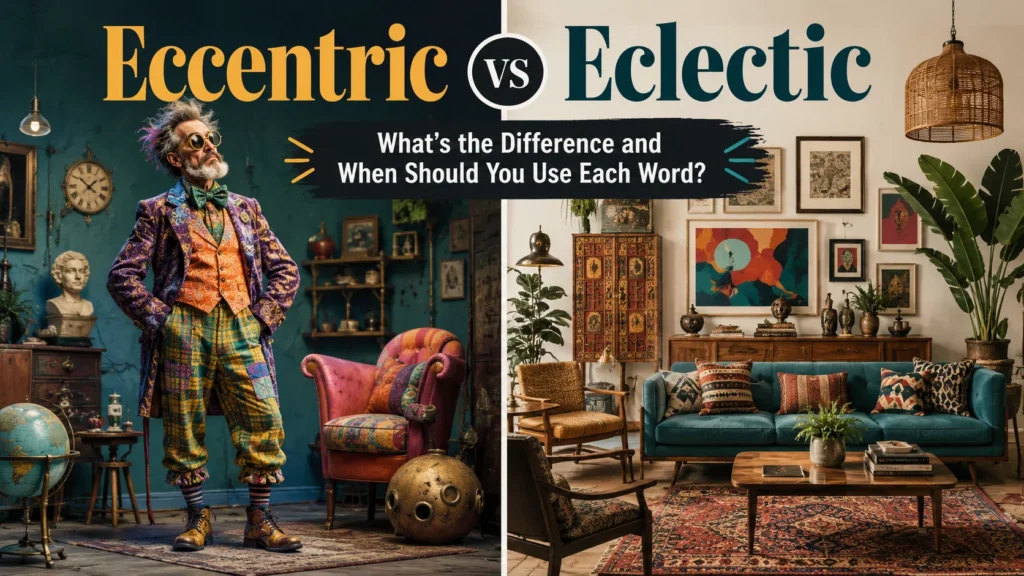 Split-screen illustration showing eccentric behavior on the left with a quirky individual and eclectic style on the right with a mixed, artistic interior design.