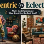 Split-screen illustration showing eccentric behavior on the left with a quirky individual and eclectic style on the right with a mixed, artistic interior design.