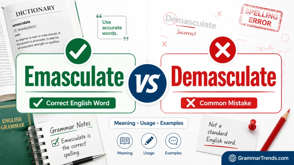 Emasculate vs Demasculate comparison showing Emasculate with a green checkmark as the correct English word and Demasculate with a red X as the incorrect spelling on GrammarTrends.com.