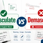 Emasculate vs Demasculate comparison showing Emasculate with a green checkmark as the correct English word and Demasculate with a red X as the incorrect spelling on GrammarTrends.com.