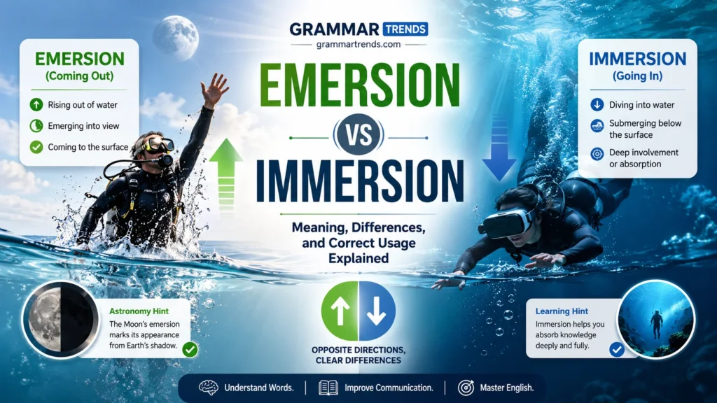Split-screen educational illustration showing “Emersion” with upward movement from water and “Immersion” with downward movement into water, representing opposite meanings of the two commonly confused words.