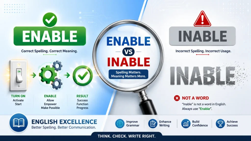 Enable vs Inable comparison graphic showing correct usage of “enable” and incorrect “inable” in English grammar with visual warning and activation icons.