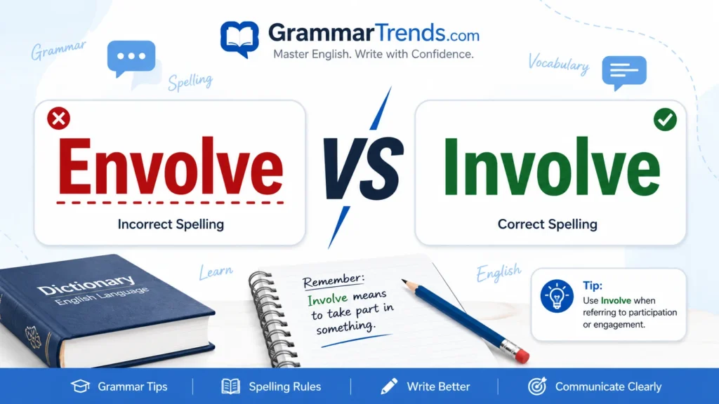 “Envolve vs Involve comparison image showing ‘Envolve’ marked incorrect and ‘Involve’ marked correct for English grammar learners.”