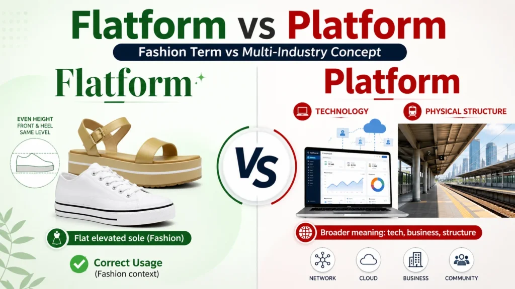Split-screen comparison showing flatform shoes with flat elevated soles on the left and the broader concept of platform on the right, including technology and transportation visuals, explaining the difference between fashion footwear and multi-industry usage.