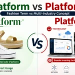 Split-screen comparison showing flatform shoes with flat elevated soles on the left and the broader concept of platform on the right, including technology and transportation visuals, explaining the difference between fashion footwear and multi-industry usage.