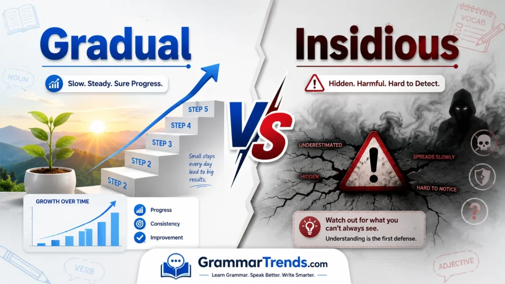 Gradual vs Insidious comparison showing gradual progress with growth symbols and insidious hidden danger with warning elements on a modern educational grammar graphic.