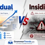 Gradual vs Insidious comparison showing gradual progress with growth symbols and insidious hidden danger with warning elements on a modern educational grammar graphic.