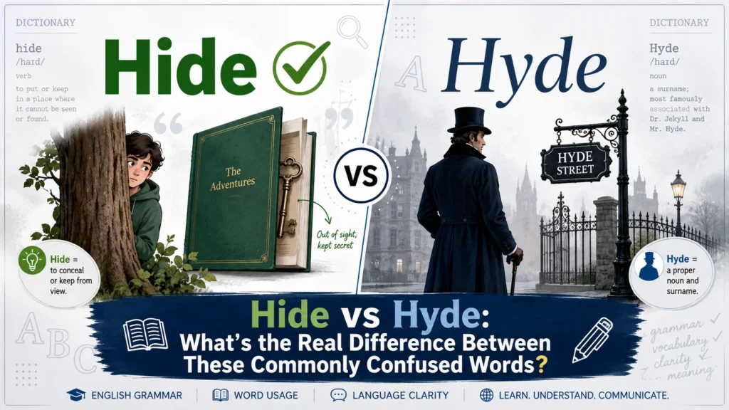 Illustration comparing Hide vs Hyde with Hide shown as a verb for concealment and Hyde represented as a proper noun from literature in a clean grammar learning design.