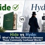 Illustration comparing Hide vs Hyde with Hide shown as a verb for concealment and Hyde represented as a proper noun from literature in a clean grammar learning design.
