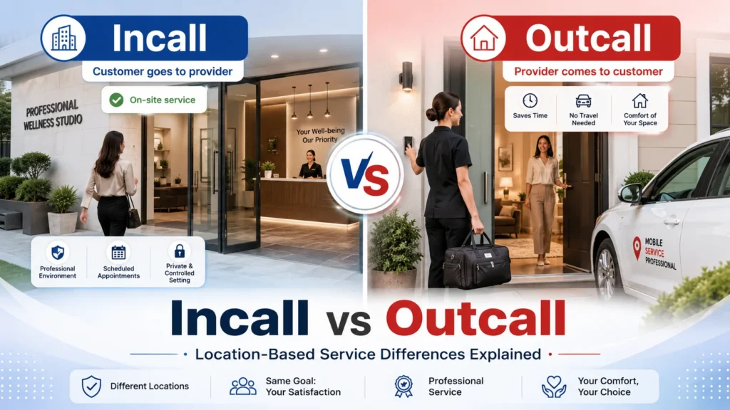 Split-screen illustration showing incall service where a customer visits a provider at a professional location, and outcall service where a provider travels to the customer’s home, highlighting the difference in service location and convenience.