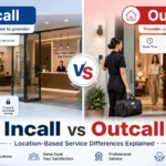 Split-screen illustration showing incall service where a customer visits a provider at a professional location, and outcall service where a provider travels to the customer’s home, highlighting the difference in service location and convenience.