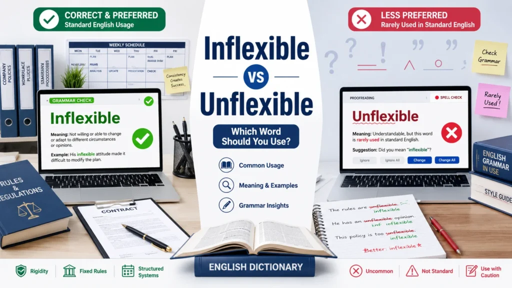 Inflexible vs Unflexible grammar comparison image showing Inflexible with a green checkmark and Unflexible with a red warning symbol in a proofreading workspace.