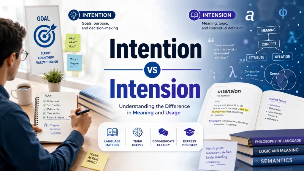 Split-screen illustration showing “Intention” as goal-setting and planning, and “Intension” as academic concept meaning and linguistic definition in a modern educational blog banner.