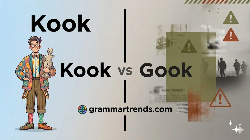 Split-screen illustration comparing “Kook” as a quirky, eccentric character on the left and “Gook” as a historically offensive term on the right, highlighting language awareness and meaning differences.
