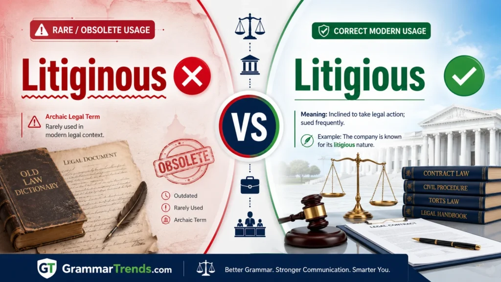 Split-screen comparison showing Litigious vs Litiginous with Litiginous marked incorrect in red and Litigious marked correct in green for GrammarTrends.com.