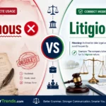Split-screen comparison showing Litigious vs Litiginous with Litiginous marked incorrect in red and Litigious marked correct in green for GrammarTrends.com.