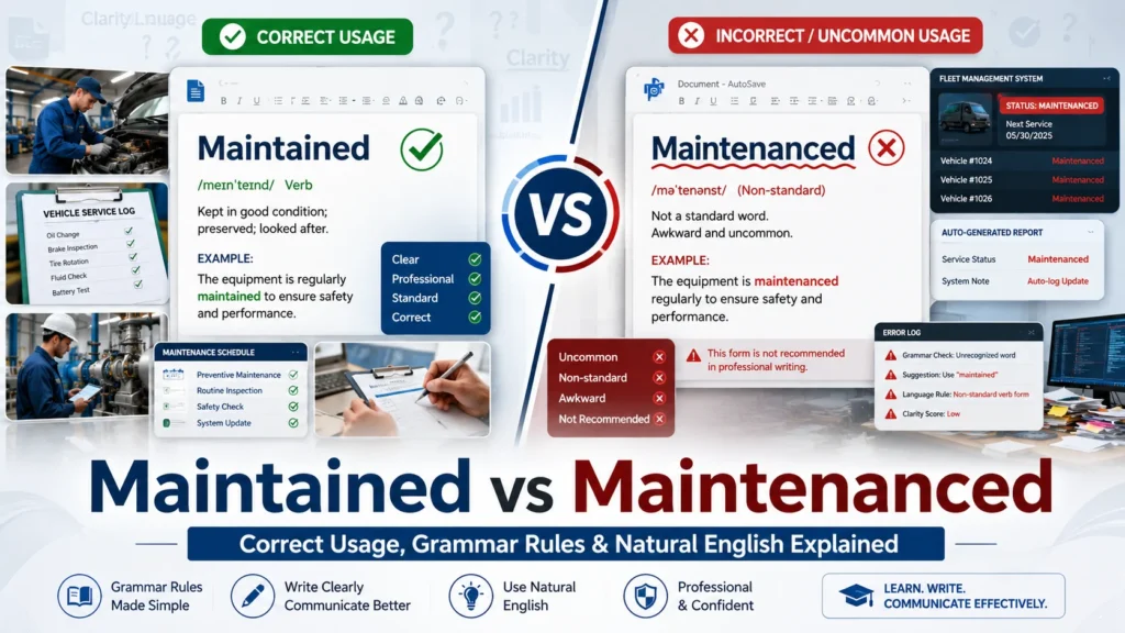 Split-screen comparison showing “Maintained” as correct usage and “Maintenanced” as incorrect or non-standard usage in English grammar with professional and technical context visuals.