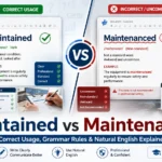 Split-screen comparison showing “Maintained” as correct usage and “Maintenanced” as incorrect or non-standard usage in English grammar with professional and technical context visuals.
