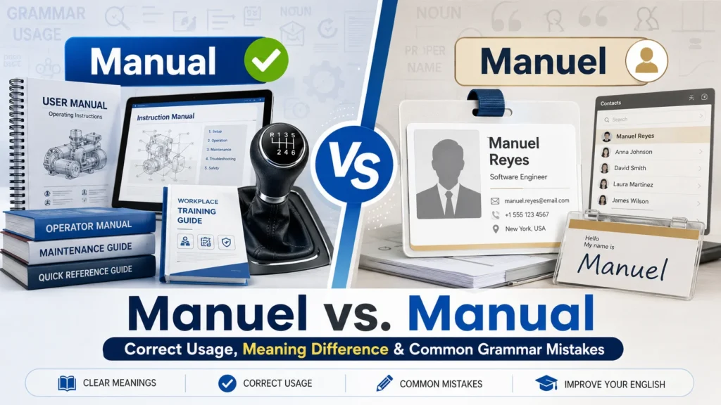 Split-screen comparison showing “Manual” as instruction-based usage and “Manuel” as a personal name, explaining correct grammar and common English mistakes.