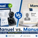 Split-screen comparison showing “Manual” as instruction-based usage and “Manuel” as a personal name, explaining correct grammar and common English mistakes.