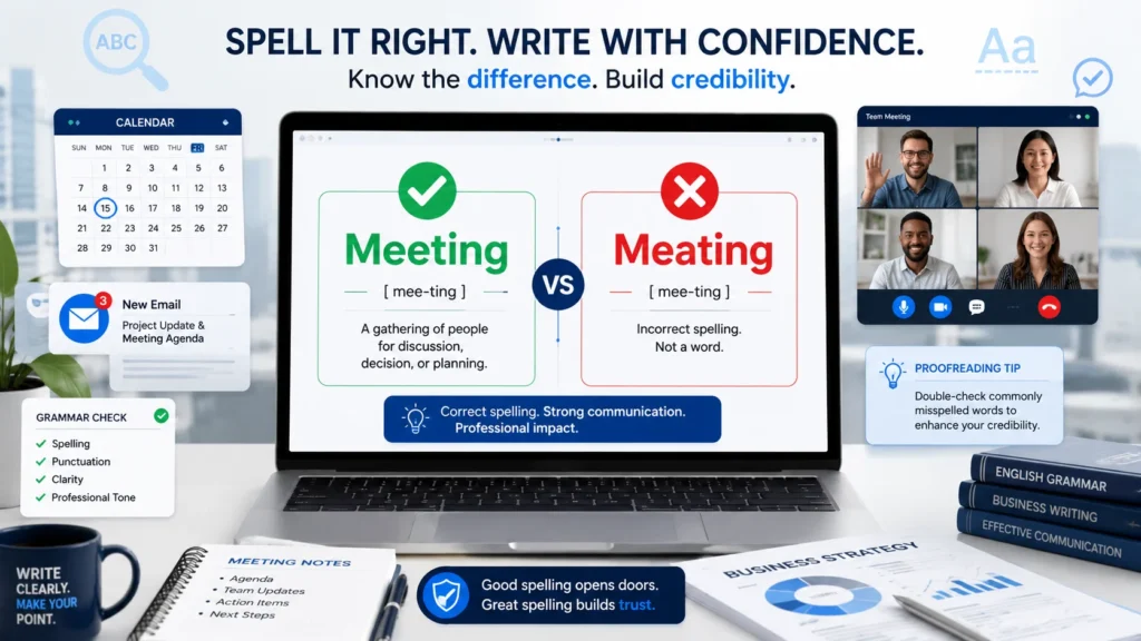 Meating vs Meeting grammar comparison showing correct spelling meeting with a green checkmark and incorrect spelling meating with a red cross in a professional business setting.