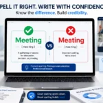 Meating vs Meeting grammar comparison showing correct spelling meeting with a green checkmark and incorrect spelling meating with a red cross in a professional business setting.