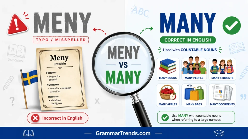 Split-screen comparison of Meny vs Many showing "many" as the correct English spelling for countable nouns and "meny" as a Swedish word meaning menu.