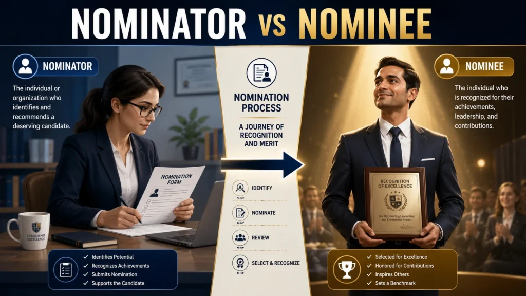 Split-screen illustration showing a nominator submitting a nomination on the left and a nominee receiving recognition on the right in a formal award or selection setting.