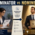 Split-screen illustration showing a nominator submitting a nomination on the left and a nominee receiving recognition on the right in a formal award or selection setting.