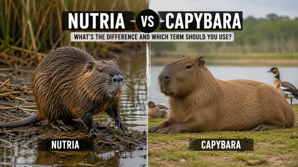 Side-by-side wildlife comparison showing a nutria with a long tail and orange teeth on the left and a large capybara resting calmly near water on the right.