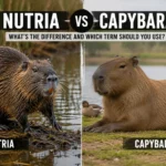 Side-by-side wildlife comparison showing a nutria with a long tail and orange teeth on the left and a large capybara resting calmly near water on the right.