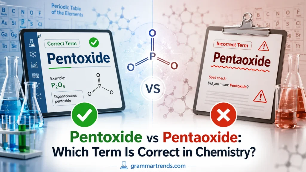 Split-screen chemistry illustration showing “Pentoxide” marked correct with a green check on the left and “Pentaoxide” marked incorrect with a red cross on the right, representing proper scientific naming conventions.