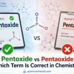 Split-screen chemistry illustration showing “Pentoxide” marked correct with a green check on the left and “Pentaoxide” marked incorrect with a red cross on the right, representing proper scientific naming conventions.