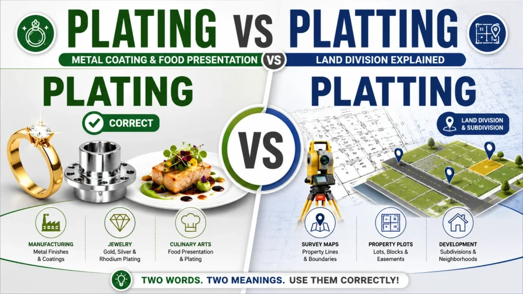 Plating vs Platting comparison infographic showing metal coating and food plating on one side and land platting with property maps on the other for English grammar learners.