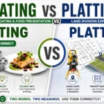 Plating vs Platting comparison infographic showing metal coating and food plating on one side and land platting with property maps on the other for English grammar learners.