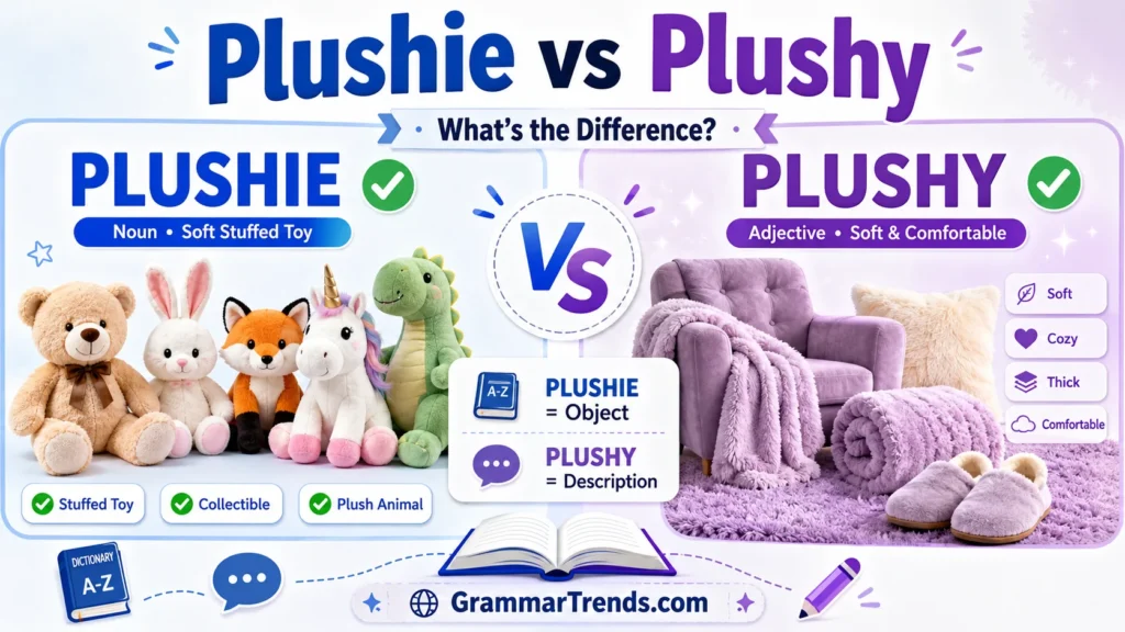 Feature image comparing Plushie vs Plushy, showing plush toys on one side and soft furniture and blankets on the other to explain the difference between the noun and adjective.