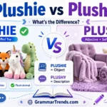 Feature image comparing Plushie vs Plushy, showing plush toys on one side and soft furniture and blankets on the other to explain the difference between the noun and adjective.