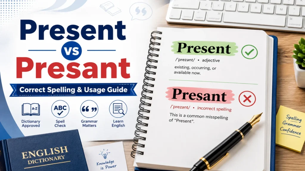 Present vs Presant comparison showing the correct spelling Present and the incorrect spelling Presant with grammar and spellcheck symbols.