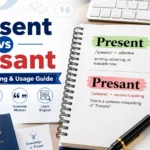 Present vs Presant comparison showing the correct spelling Present and the incorrect spelling Presant with grammar and spellcheck symbols.