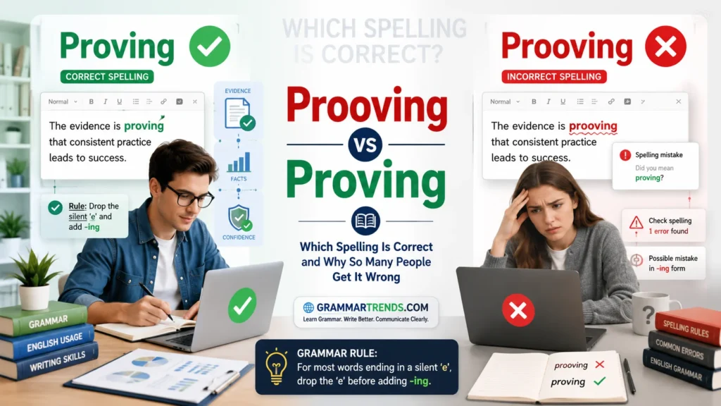 Split-screen grammar illustration showing “Proving” marked correct with a green check and professional context, and “Prooving” marked incorrect with a red cross and spelling error indicators on a digital screen.