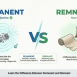 Educational comparison image explaining Remanent vs Remnant, showing remanent as a scientific adjective for persistent magnetic effects and remnant as a noun meaning a leftover or surviving piece.