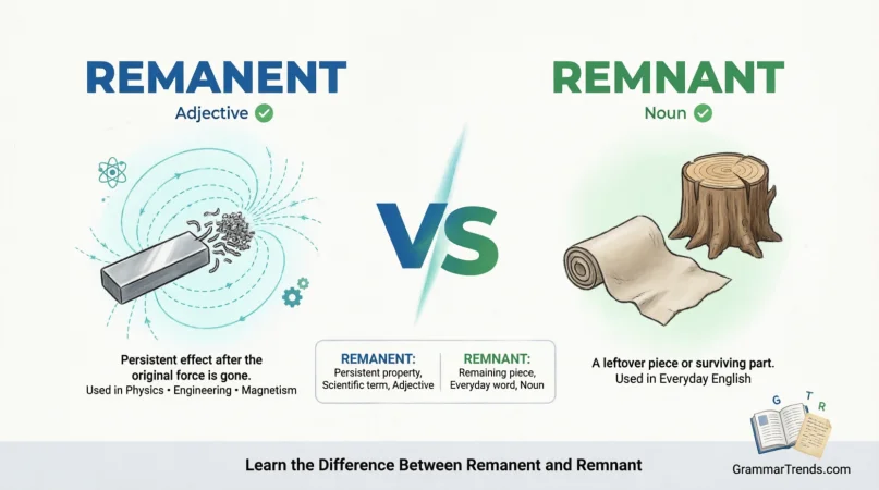 Educational comparison image explaining Remanent vs Remnant, showing remanent as a scientific adjective for persistent magnetic effects and remnant as a noun meaning a leftover or surviving piece.