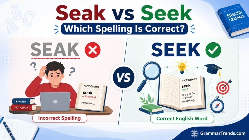 Split-screen educational illustration comparing Seak vs Seek, highlighting Seak as an incorrect spelling and Seek as the correct English word with grammar learning icons.